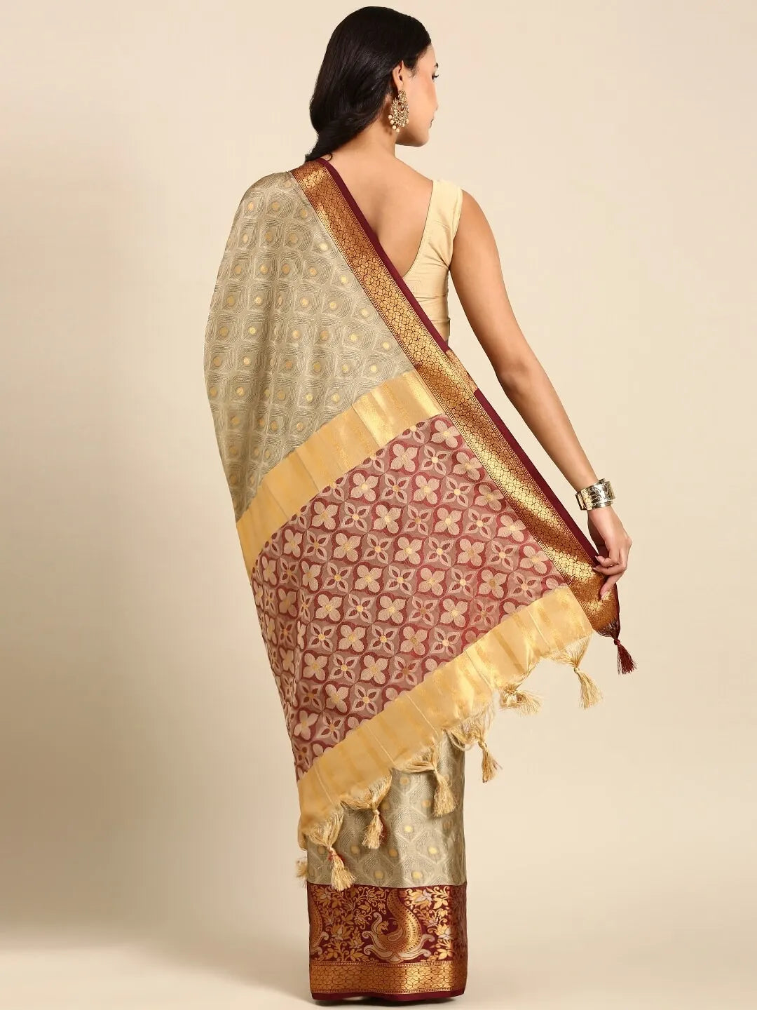 Chiku Beige Banarasi Silk Saree with Maroon Peacock Zari Border