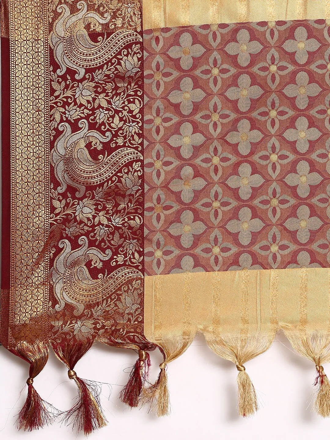 Chiku Beige Banarasi Silk Saree with Maroon Peacock Zari Border