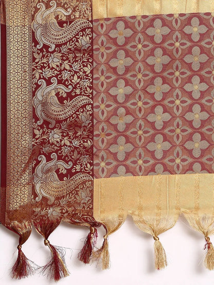 Chiku Beige Banarasi Silk Saree with Maroon Peacock Zari Border
