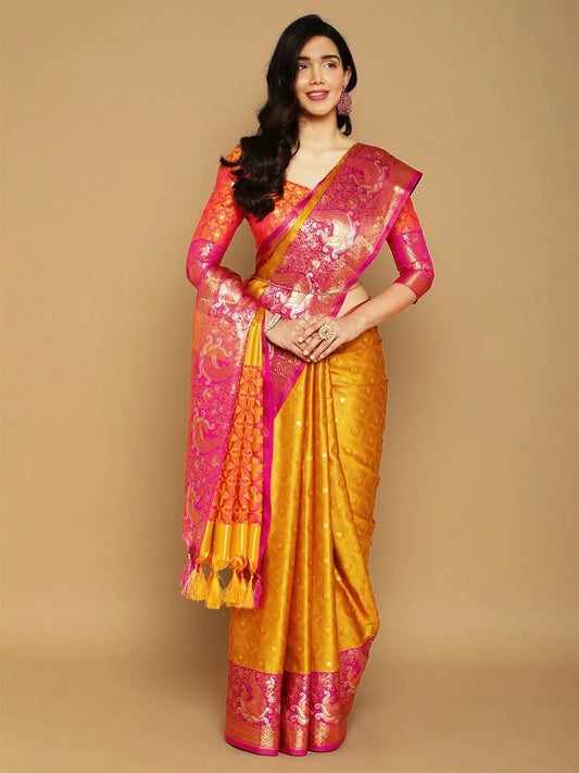Mustard Gold Banarasi Silk Saree with Rani Pink Peacock Zari Border