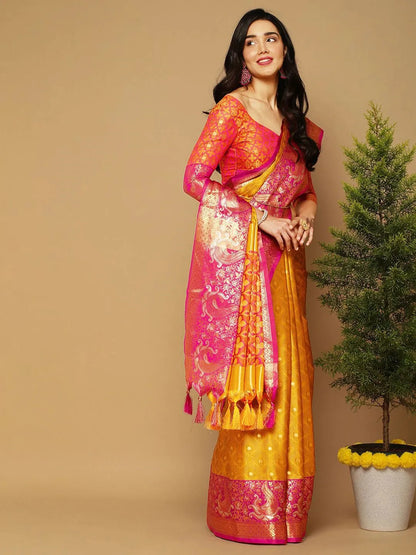 Mustard Gold Banarasi Silk Saree with Rani Pink Peacock Zari Border