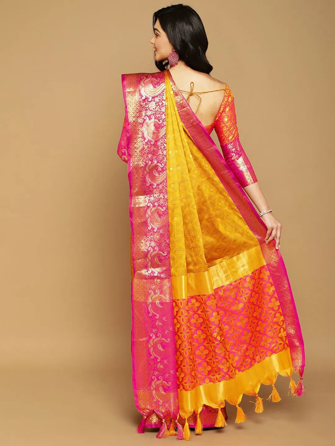 Mustard Gold Banarasi Silk Saree with Rani Pink Peacock Zari Border