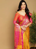 Mustard Gold Banarasi Silk Saree with Rani Pink Peacock Zari Border