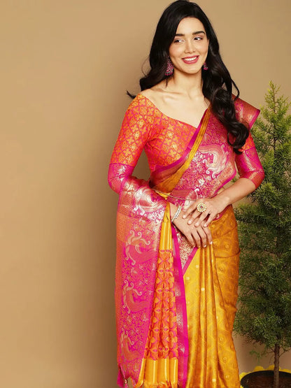 Mustard Gold Banarasi Silk Saree with Rani Pink Peacock Zari Border