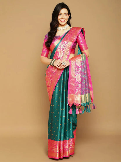 Peacock Green Banarasi Silk Saree with Rani Pink Peacock Zari Border