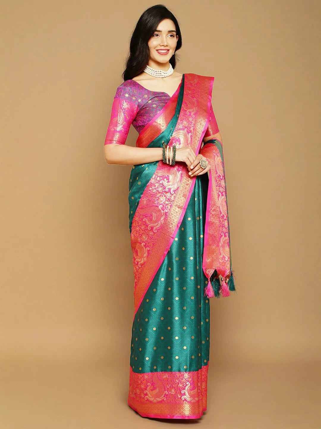 Peacock Green Banarasi Silk Saree with Rani Pink Peacock Zari Border