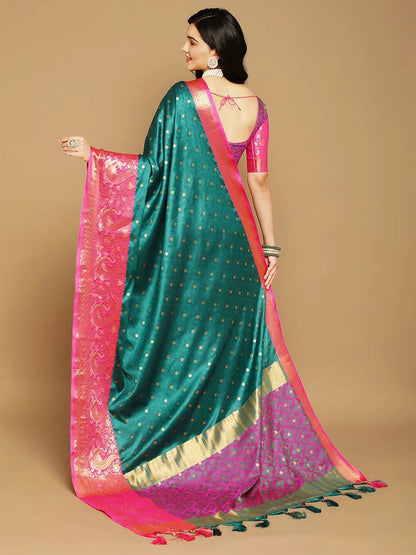 Peacock Green Banarasi Silk Saree with Rani Pink Peacock Zari Border
