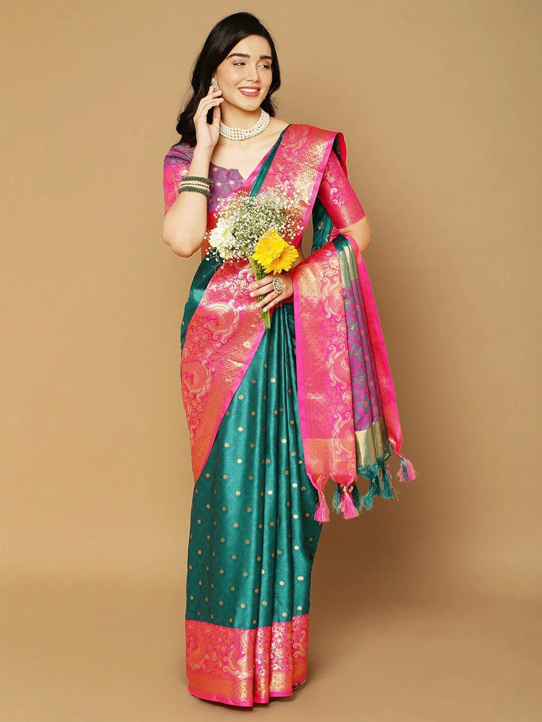 Peacock Green Banarasi Silk Saree with Rani Pink Peacock Zari Border