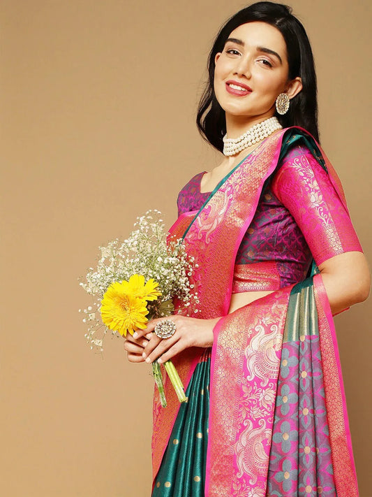 Peacock Green Banarasi Silk Saree with Rani Pink Peacock Zari Border