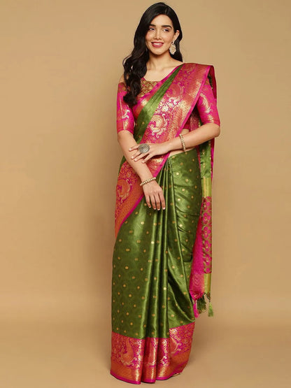 Mehendi Green Banarasi Silk Saree with Rani Pink Peacock Zari Border