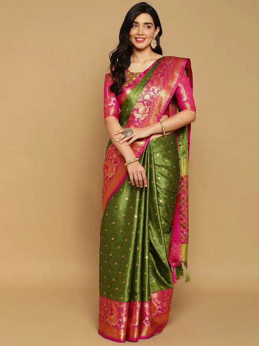 Mehendi Green Banarasi Silk Saree with Rani Pink Peacock Zari Border
