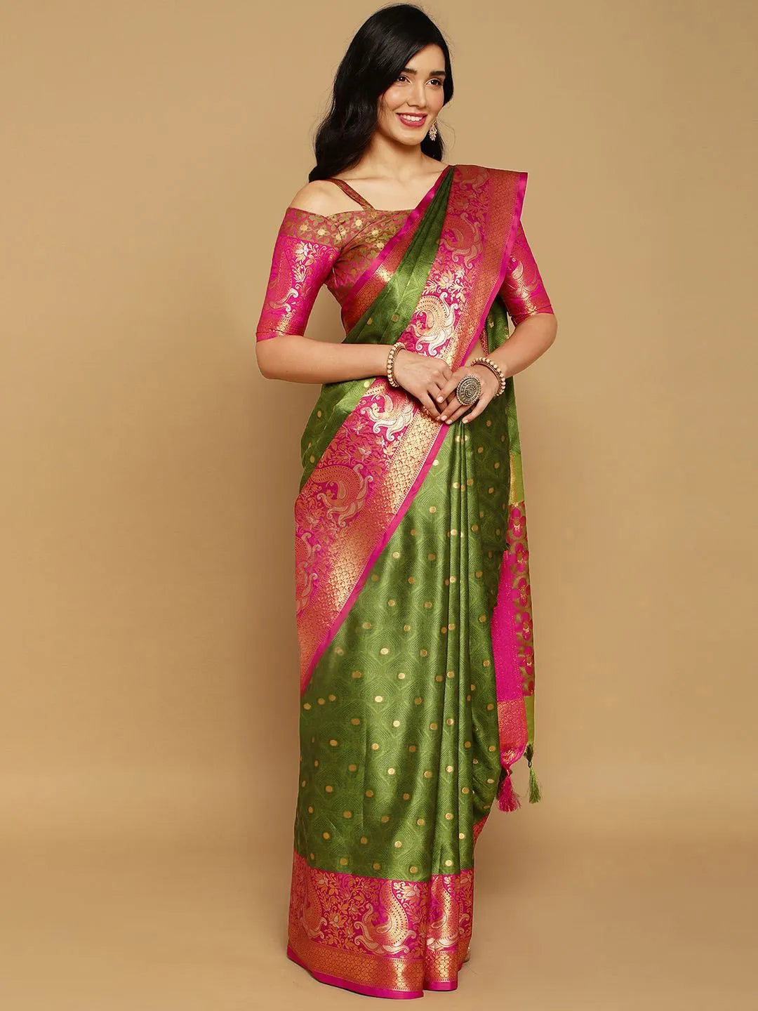 Mehendi Green Banarasi Silk Saree with Rani Pink Peacock Zari Border