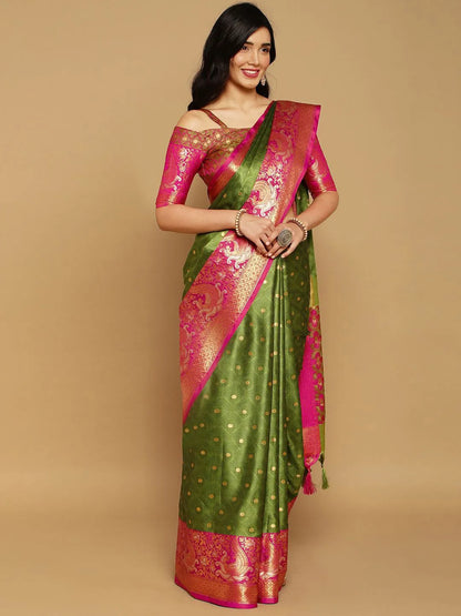 Mehendi Green Banarasi Silk Saree with Rani Pink Peacock Zari Border