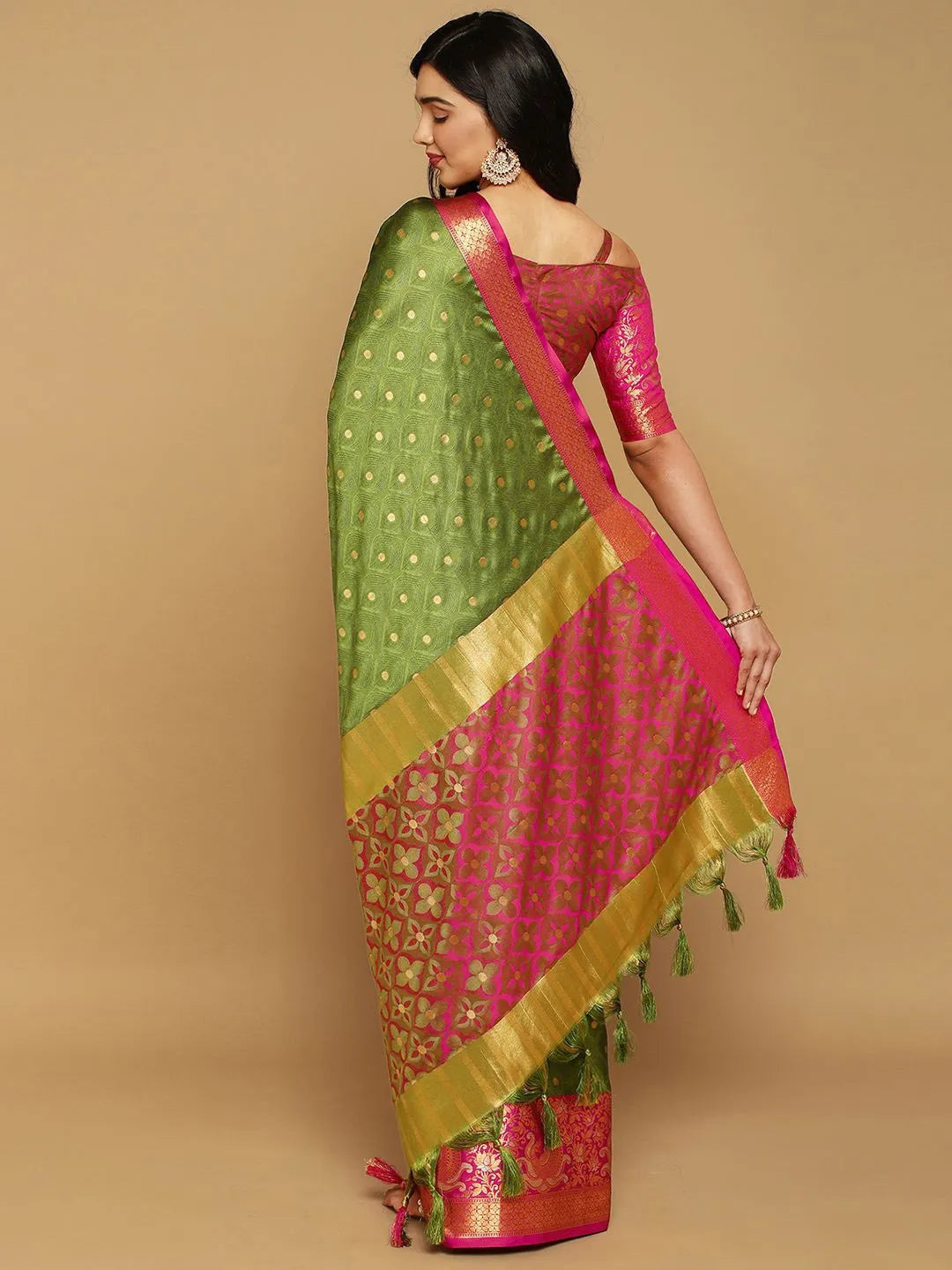 Mehendi Green Banarasi Silk Saree with Rani Pink Peacock Zari Border