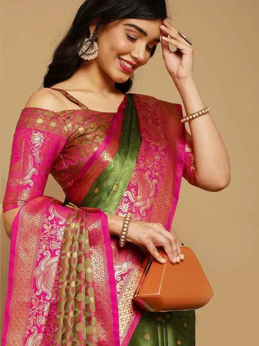 Mehendi Green Banarasi Silk Saree with Rani Pink Peacock Zari Border