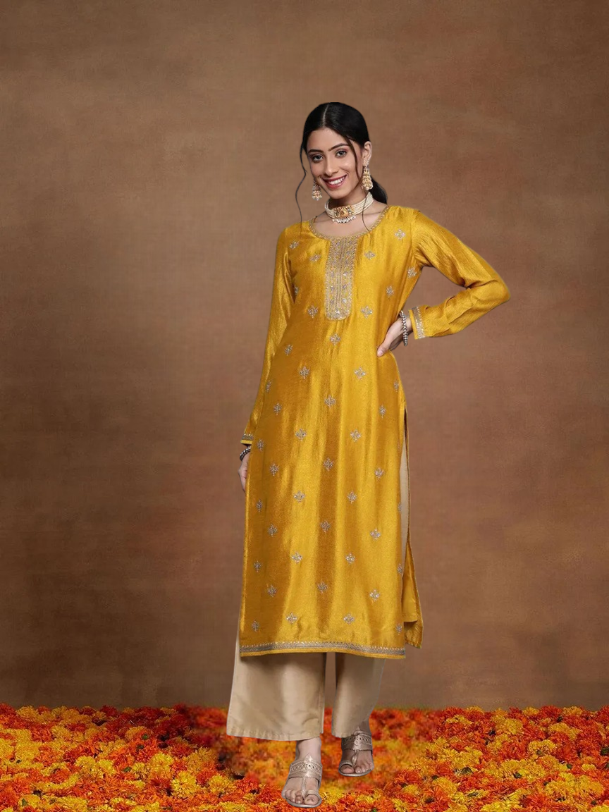 Mustard Gold Embroidered Silk Straight Kurti