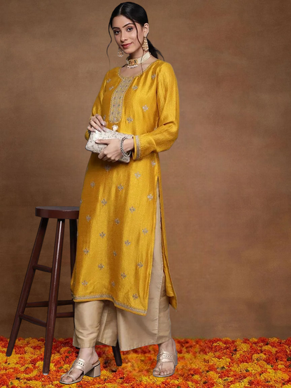 Mustard Gold Embroidered Silk Straight Kurti