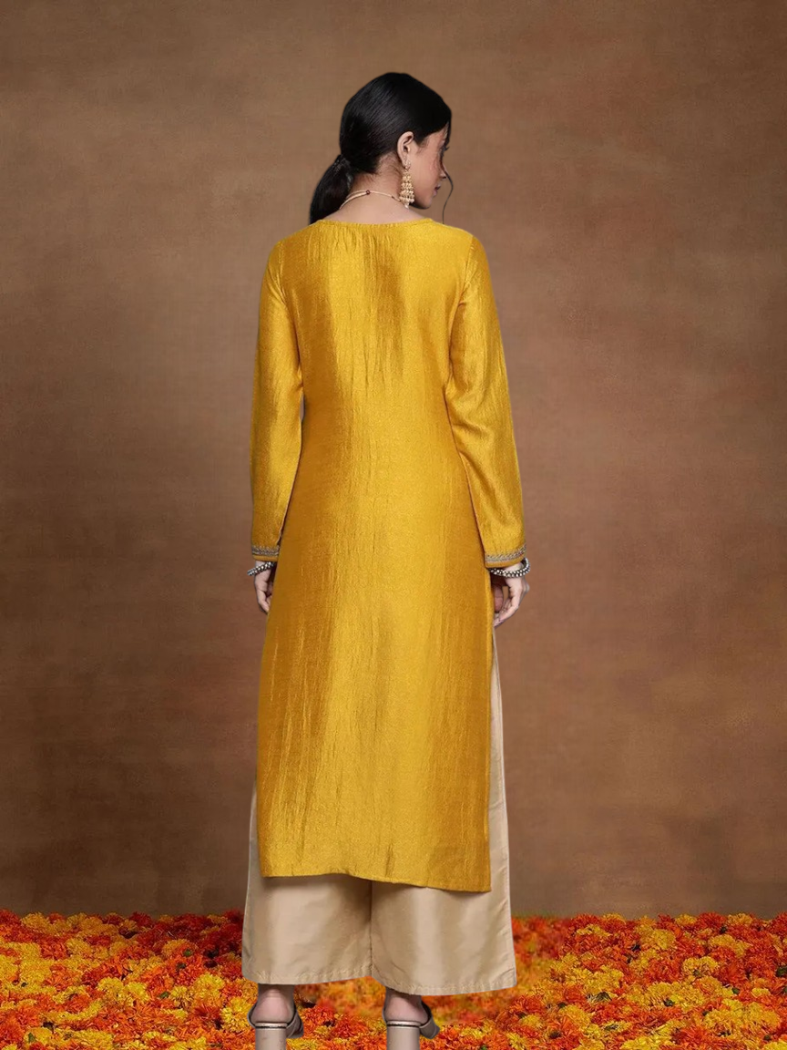 Mustard Gold Embroidered Silk Straight Kurti