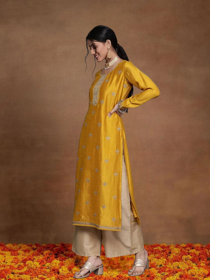 Mustard Gold Embroidered Silk Straight Kurti