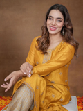 Mustard Gold Embroidered Silk Straight Kurti