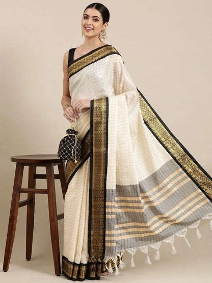 Nikhila Ivory White Saree with Black Heritage Border & Silver Pallu