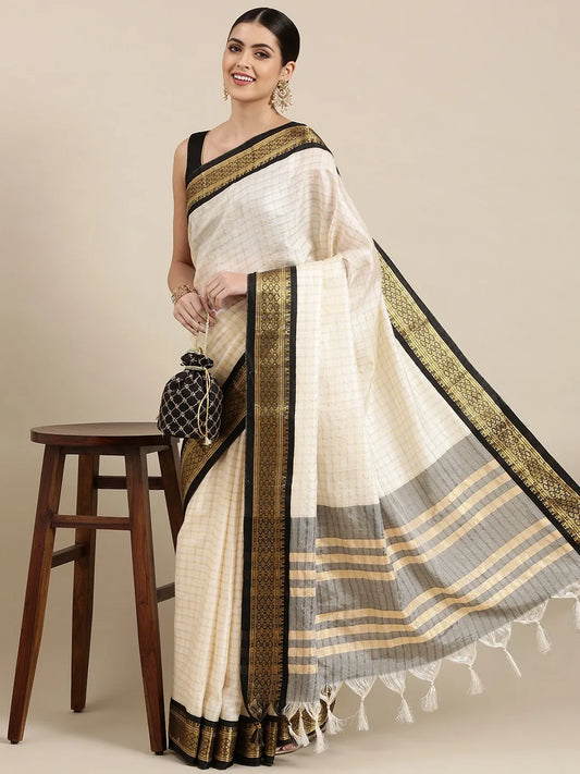 Nikhila Ivory White Saree with Black Heritage Border & Silver Pallu