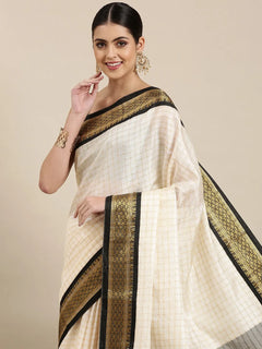 Nikhila Ivory White Saree with Black Heritage Border & Silver Pallu