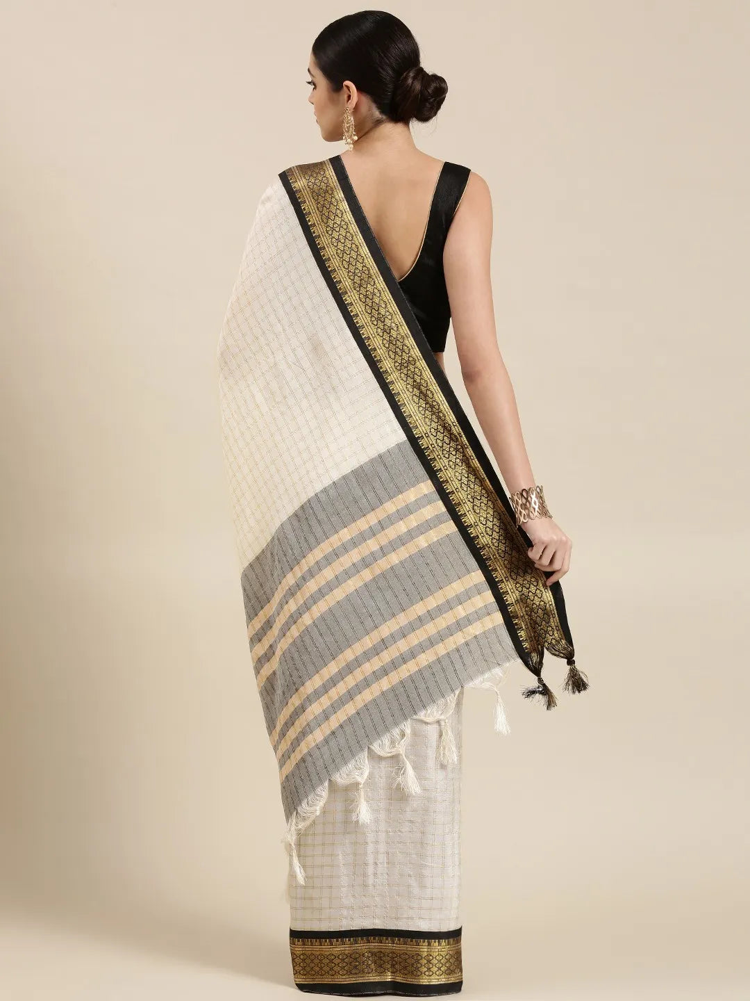 Nikhila Ivory White Saree with Black Heritage Border & Silver Pallu