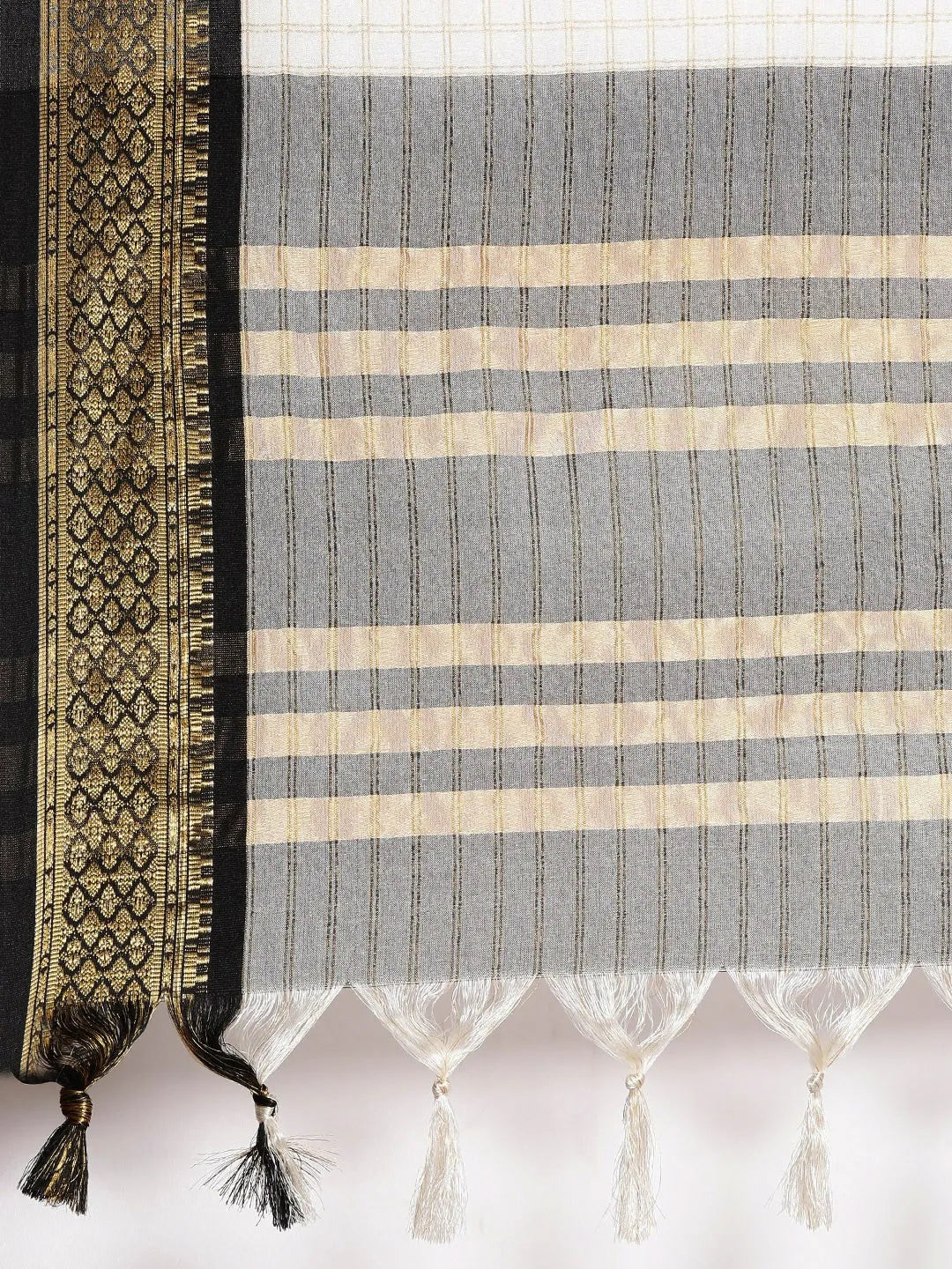 Nikhila Ivory White Saree with Black Heritage Border & Silver Pallu