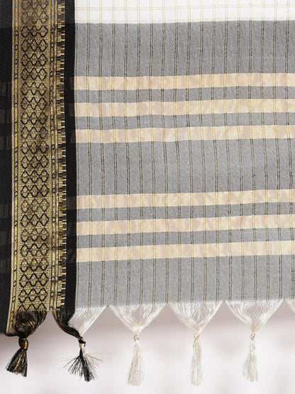 Nikhila Ivory White Saree with Black Heritage Border & Silver Pallu