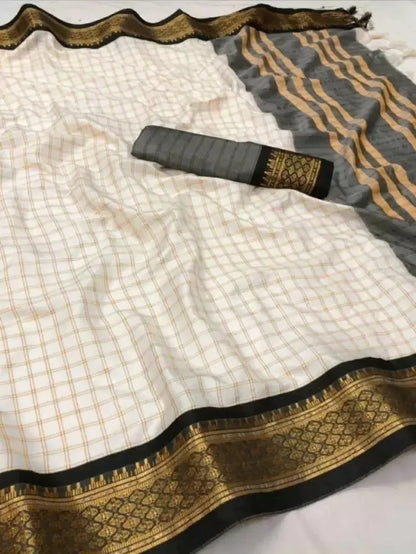 Nikhila Ivory White Saree with Black Heritage Border & Silver Pallu