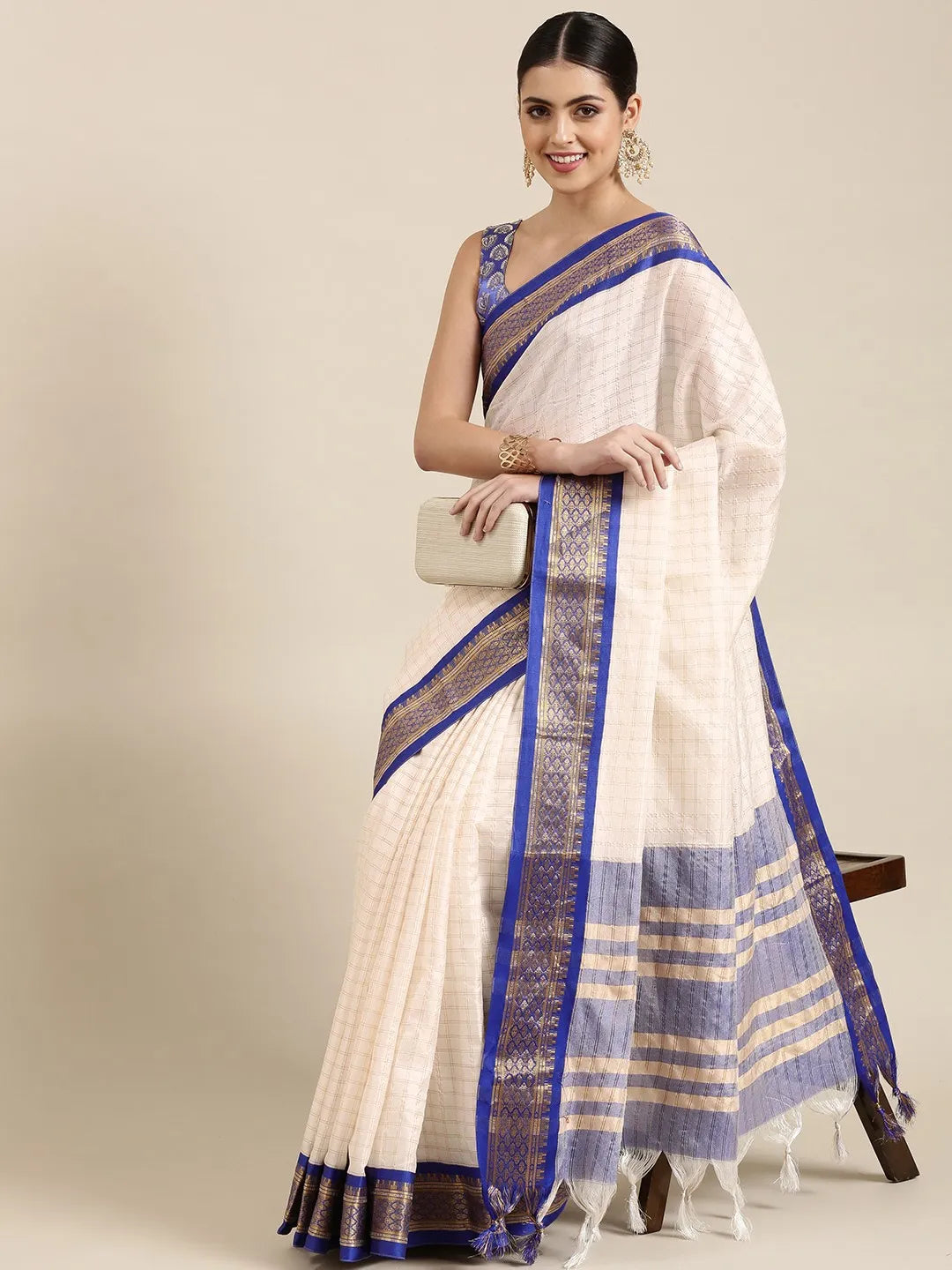Nikhila Ivory White Saree with Royal Blue Heritage Border & Silver Pallu