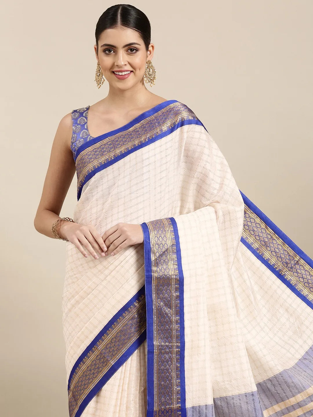 Nikhila Ivory White Saree with Royal Blue Heritage Border & Silver Pallu
