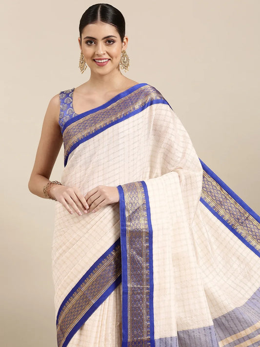 Nikhila Ivory White Saree with Royal Blue Heritage Border & Silver Pallu
