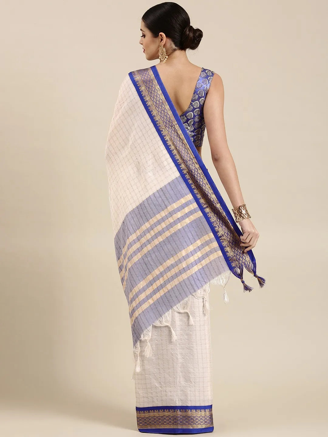 Nikhila Ivory White Saree with Royal Blue Heritage Border & Silver Pallu