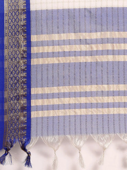 Nikhila Ivory White Saree with Royal Blue Heritage Border & Silver Pallu