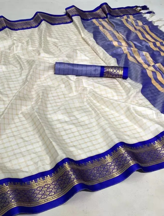 Nikhila Ivory White Saree with Royal Blue Heritage Border & Silver Pallu