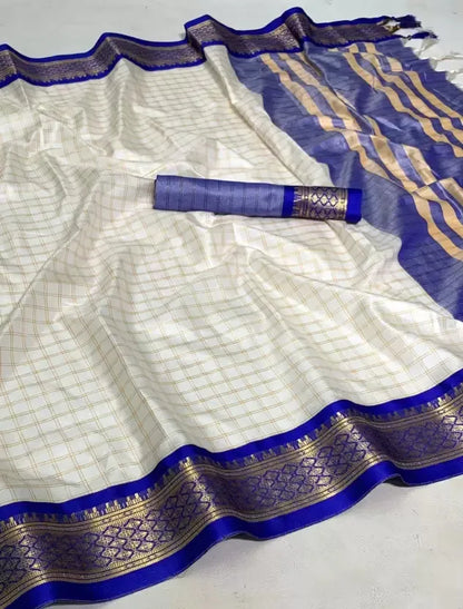 Nikhila Ivory White Saree with Royal Blue Heritage Border & Silver Pallu