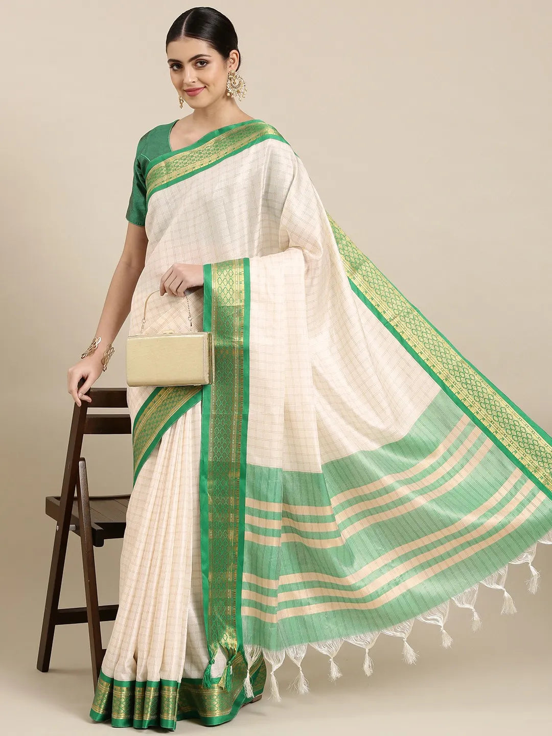 Nikhila Ivory White Saree with Emerald Green Heritage Border & Mint Green Pallu