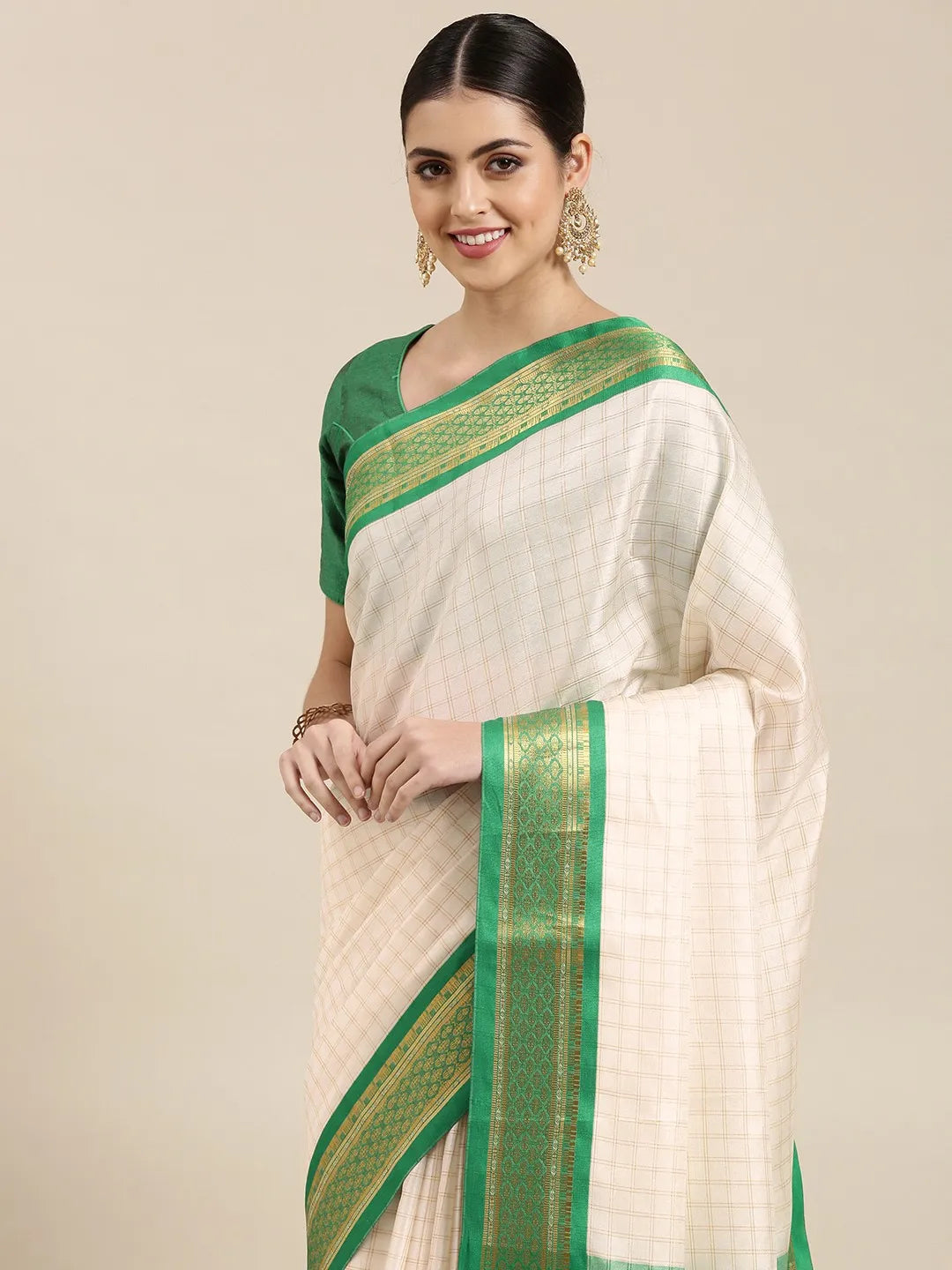 Nikhila Ivory White Saree with Emerald Green Heritage Border & Mint Green Pallu