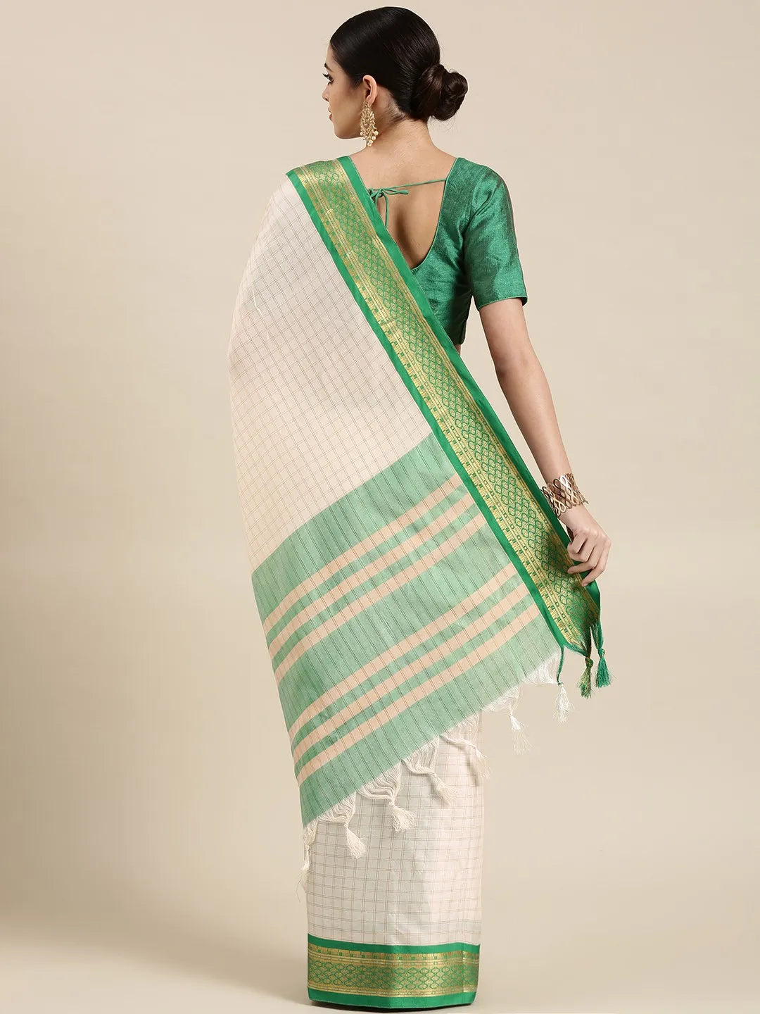Nikhila Ivory White Saree with Emerald Green Heritage Border & Mint Green Pallu