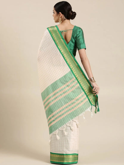 Nikhila Ivory White Saree with Emerald Green Heritage Border & Mint Green Pallu