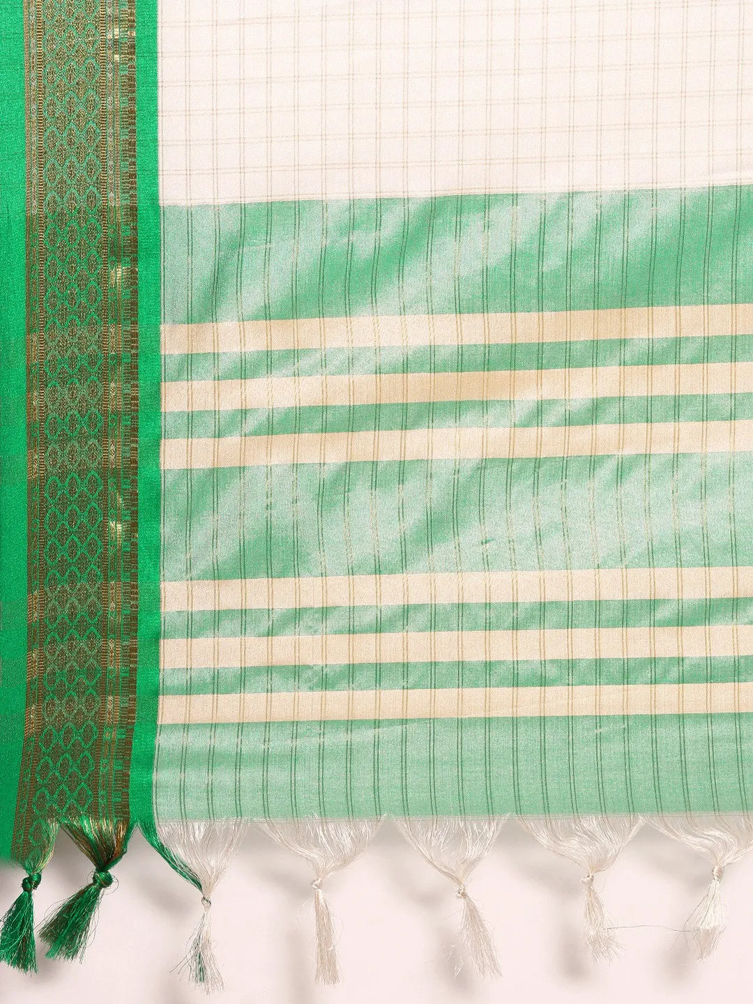 Nikhila Ivory White Saree with Emerald Green Heritage Border & Mint Green Pallu