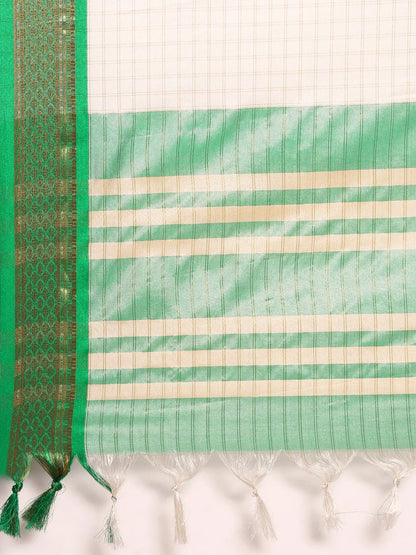 Nikhila Ivory White Saree with Emerald Green Heritage Border & Mint Green Pallu