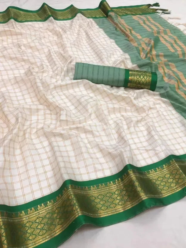 Nikhila Ivory White Saree with Emerald Green Heritage Border & Mint Green Pallu