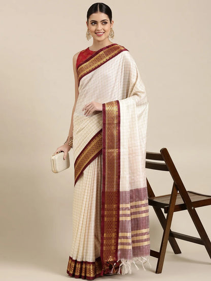Nikhila Ivory White Saree with Royal Maroon Heritage Border & Mauve Striped Pallu