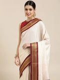 Nikhila Ivory White Saree with Royal Maroon Heritage Border & Mauve Striped Pallu