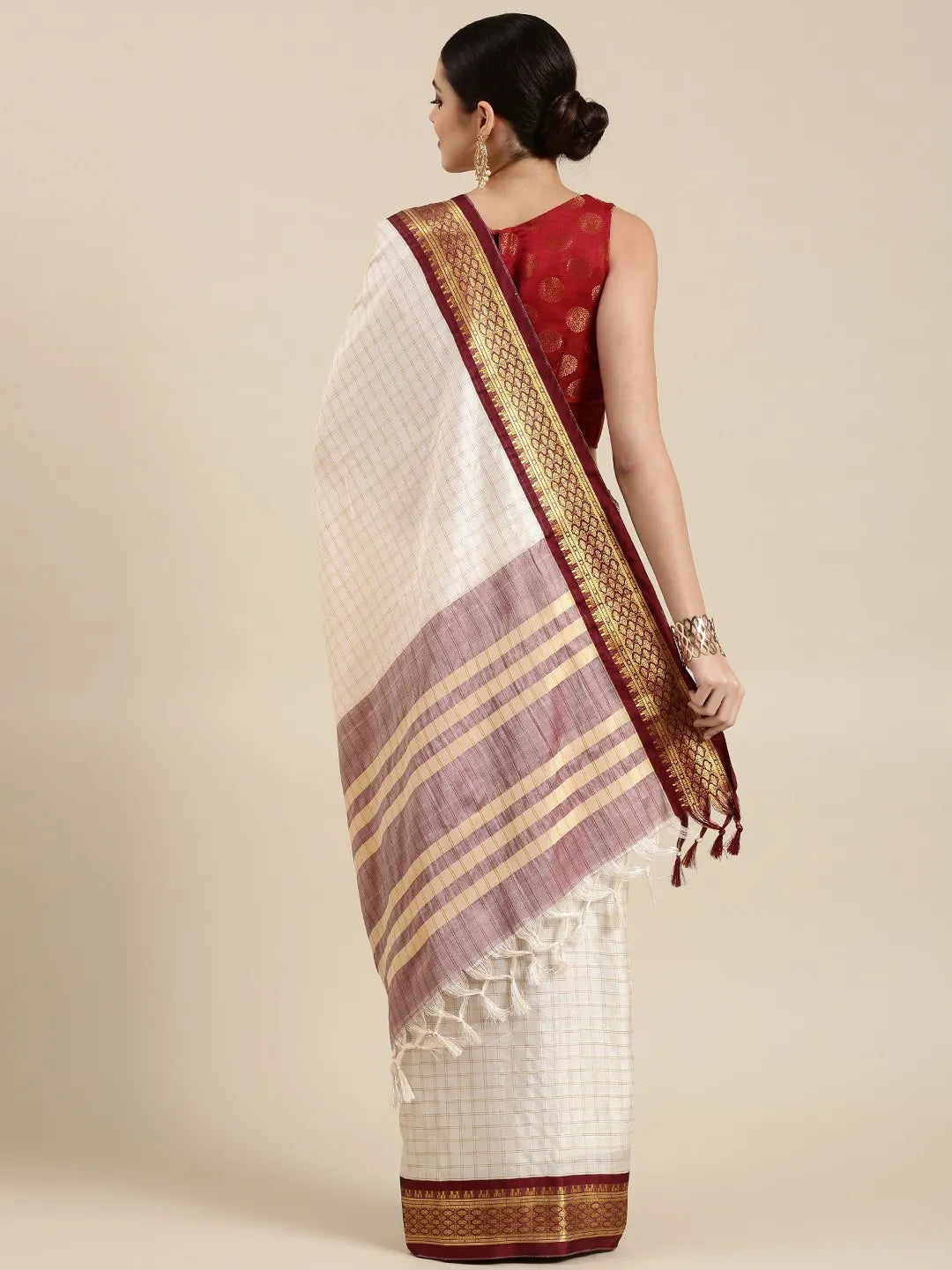 Nikhila Ivory White Saree with Royal Maroon Heritage Border & Mauve Striped Pallu