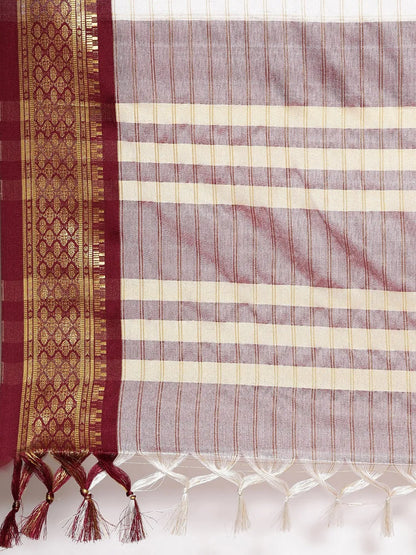 Nikhila Ivory White Saree with Royal Maroon Heritage Border & Mauve Striped Pallu
