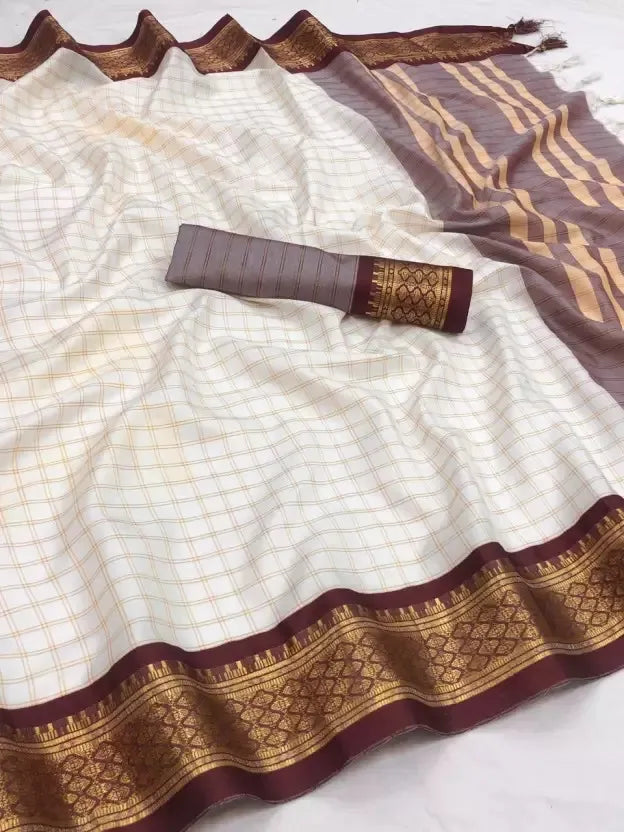 Nikhila Ivory White Saree with Royal Maroon Heritage Border & Mauve Striped Pallu